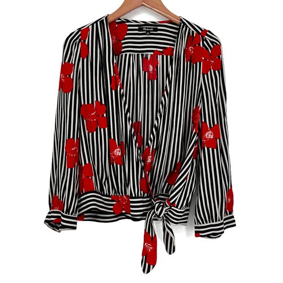 Madewell Wrap Top in Candied Orchids Black/White Striped Floral sz XL - Picture 6 of 10